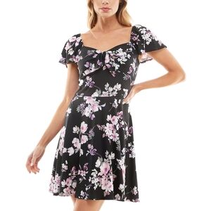 Bcx Juniors' Floral-Print Flutter-Sleeve Fit & Flare Dress